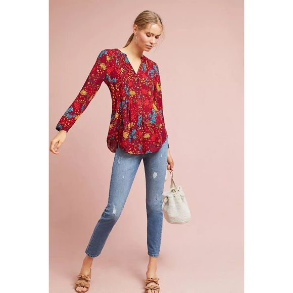 Anthropologie Maeve Printed Pintucked Blouse Size XS. B-8 - Picture 1 of 7